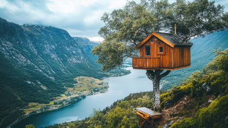A wooden treehouse overlooking a valley, blending into the natural surroundings.の素材