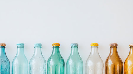 A set of recycled glass bottles arranged in a row, emphasizing sustainable packaging alternatives.の素材