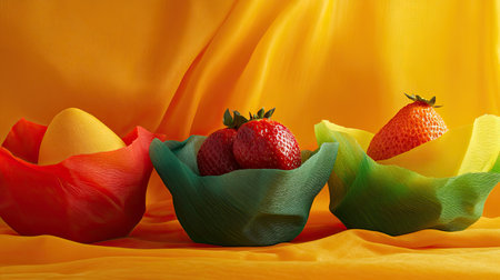 A minimalist composition featuring reusable beeswax food wraps in vibrant colors.の素材