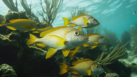 A school of tropical fish swimming around a coral reef, representing healthy and protected ocean environments.の素材