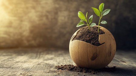 A wooden globe with small plants growing in its crevices, symbolizing ecological responsibility.の素材