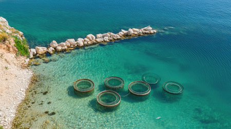 A well-maintained fish farm in a coastal area, showing neatly arranged circular enclosures in crystal-clear water.の素材