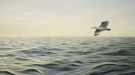 A seabird flying over a protected marine zone, with gentle waves reflecting the morning light.の素材