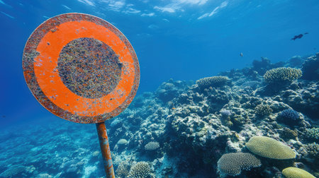 A protected coral reef zone sign underwater, marking an area free from overfishing and pollution.の素材