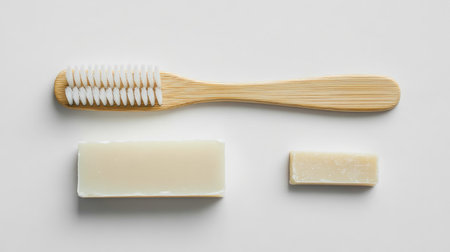 A sustainable bamboo toothbrush and natural soap bar placed on a clean, white background.の素材