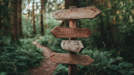 A winding forest trail with wooden signs leading to a sustainable camping site.の素材