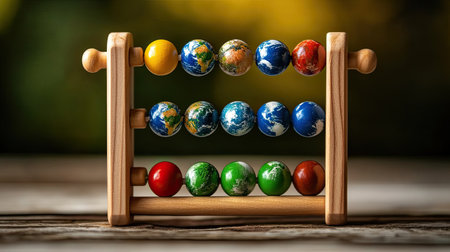 A wooden abacus with beads shaped like tiny Earths, representing sustainable education.の素材