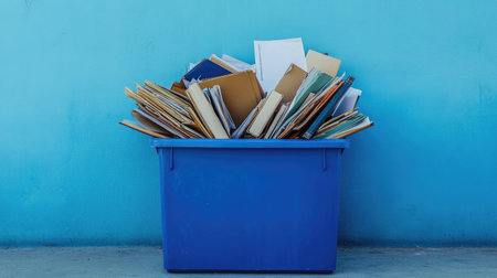 A recycling bin filled with paper and books, promoting eco-friendly learning habits.の素材