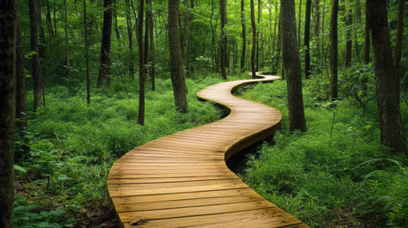 A scenic winding boardwalk through a dense mangrove forest, promoting eco-tourism.の素材
