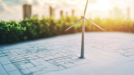 A small wind turbine model next to an open blueprint for renewable energy learning.の素材