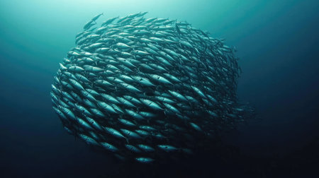 A school of mackerel swimming in synchronized motion in deep blue waters, highlighting the balance of marine ecosystems.の素材