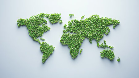 A world map made of green leaves, symbolizing global environmental education.の素材