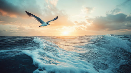 A seabird flying over a protected marine zone, with gentle waves reflecting the morning light.の素材