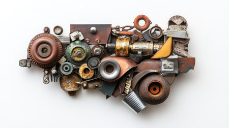 A variety of repurposed metal parts assembled into a creative sculpture, demonstrating upcycling.の素材