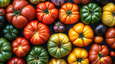 A variety of heirloom tomatoes growing on vines in an organic vegetable garden.の素材