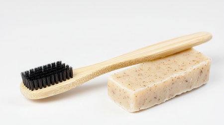 A sustainable bamboo toothbrush and natural soap bar placed on a clean, white background.の素材