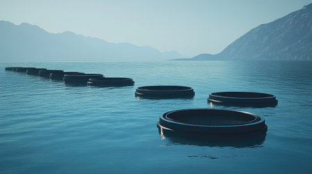 A well-maintained offshore fish farm with circular enclosures floating in a pristine blue sea, representing ethical aquaculture.の素材