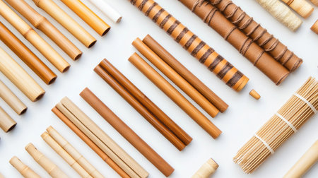 A top-down view of a workspace with recycled notebooks and bamboo pens, ideal for eco-conscious office supplies.の素材