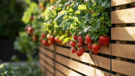 A vertical garden with edible plants growing on a wooden trellis, showcasing urban gardening.の素材