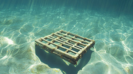 A traditional wooden fishing trap submerged in clear ocean waters, designed to catch fish selectively and prevent overfishing.の素材