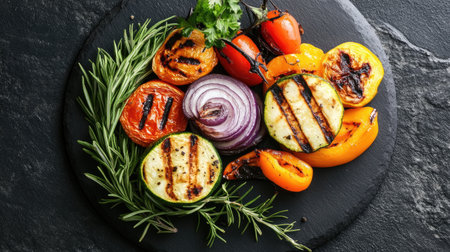 Freshly grilled vegetables on a dark slate plate with empty space in the center.の素材