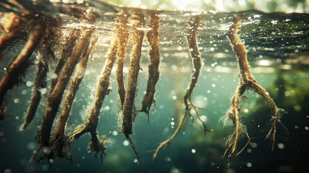 A close-up of plant roots submerged in water, demonstrating biological processes of absorption.の素材
