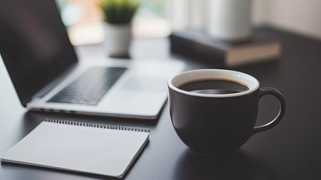 A close-up of a modern office desk with a laptop, coffee cup, and notepad, representing business productivity.の素材