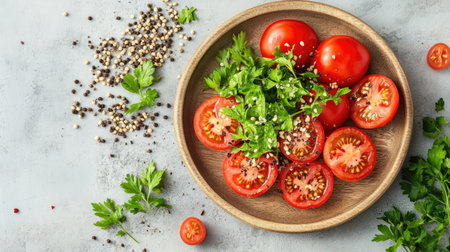 A top view of a wooden plate with halved tomatoes, scattered seeds, and some fresh herbs, ideal for healthy meal visualsの素材