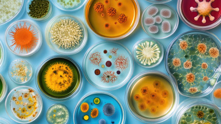 A cluster of various biological samples, including cells and microorganisms in petri dishes.の素材