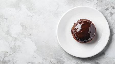 A top-down shot of a chocolate-filled pastry with a glossy chocolate glaze, placed on a white plate, with space for creative textの素材