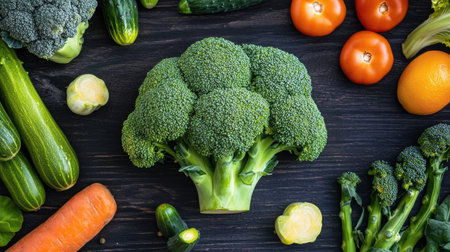 A vibrant green broccoli crown surrounded by fresh vegetables on a dark wooden background, offering a rich contrast in colorの素材