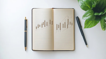 A top-down view of a notebook, pen, and rising investment charts, symbolizing planning for investment growth and wealth accumulationの素材
