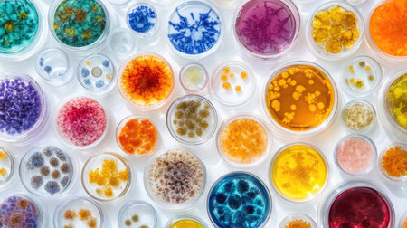 A cluster of various biological samples, including cells and microorganisms in petri dishes.の素材