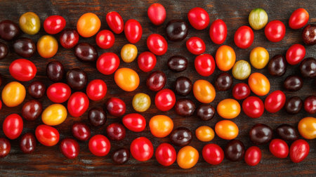 A collection of assorted tomatoes, including cherry and plum, scattered across a rustic wooden surface, with plenty of copy spaceの素材