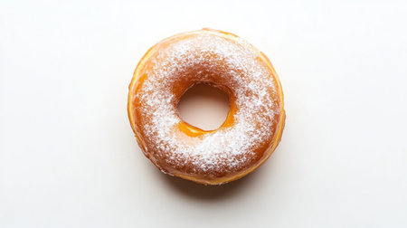 A top-down shot of a glazed donut, lightly dusted with powdered sugar, resting on a clean white background with room for copy spaceの素材