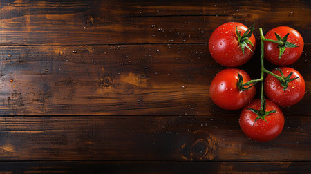 A top view of fresh tomatoes with dewdrops on them, lying on a natural wooden surface with ample copy spaceの素材