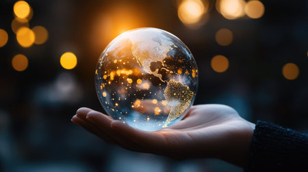 A zoomed-in shot of a hand holding a transparent globe, representing a business's global expansion and international reachの素材