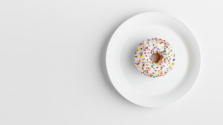 A top view of a colorful glazed donut on a clean white plate, with sprinkles scattered around and ample space for text or brandingの素材