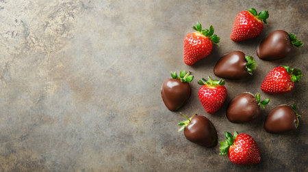 A top view of chocolate-covered strawberries placed on a clean, textured surface, with ample room for your creative caption or brand logoの素材
