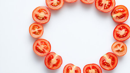Close-up of sliced tomatoes arranged in a circle on a white background, ideal for showcasing the texture and vibrant colorの素材