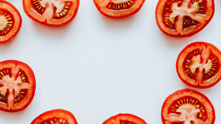 Close-up of sliced tomatoes arranged in a circle on a white background, ideal for showcasing the texture and vibrant colorの素材