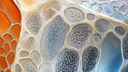 A close-up of plant cells under a microscope, showing intricate details and textures.の素材