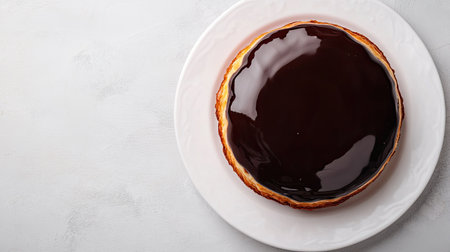 A top-down shot of a chocolate-filled pastry with a glossy chocolate glaze, placed on a white plate, with space for creative textの素材