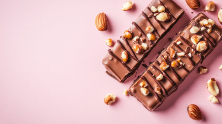A top-down shot of a chocolate bar broken into pieces with nuts and caramel drizzles on a soft pastel background, with space for textの素材