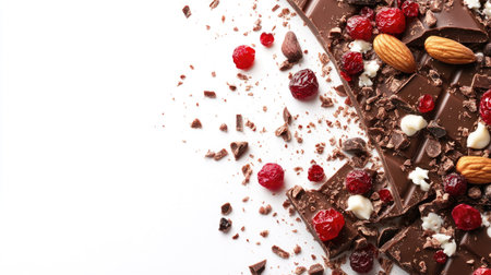 A close-up of chocolate bark with nuts and dried fruits, placed on a clean white background, offering a visually rich space for text or brandingの素材
