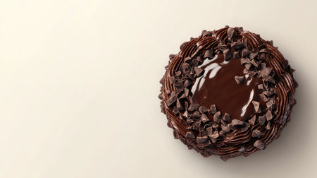 A top-down shot of a chocolate cake topped with chocolate ganache and shavings, with a light background for text or brandingの素材