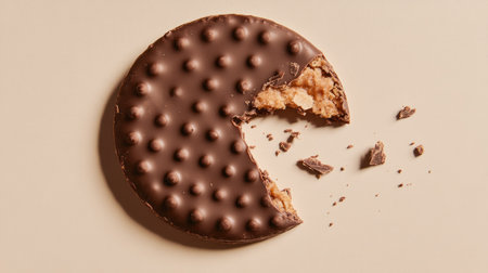 A top view of a chocolate-covered biscuit, broken in half to reveal the filling, with crumbs scattered around on a neutral backgroundの素材