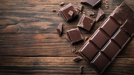 A top view of a rich dark chocolate bar, broken into pieces, scattered on a rustic wooden table, with space for text or product brandingの素材