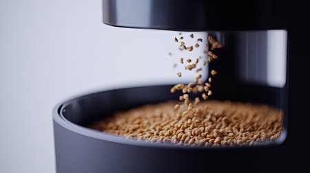 A close-up of an automatic cat feeder dispensing dry food into a bowl, with clean white background space.の素材