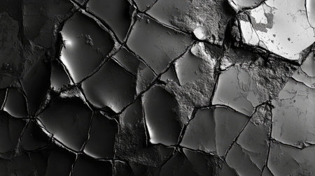 A close-up of a broken cement surface with rough textures and intersecting cracks, forming a natural abstract design.の素材